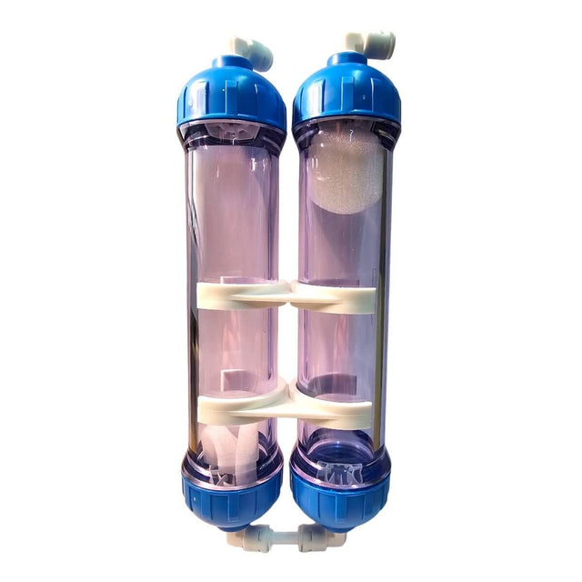 Dual chamber RO resin and carbon housing case for efficient water filtration and purification.