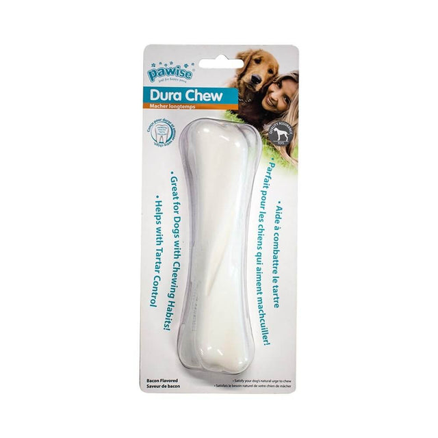 Dura Chews Chicken Flavor Bones packaging for powerful chewers, featuring bacon flavor and tartar control benefits for dogs.