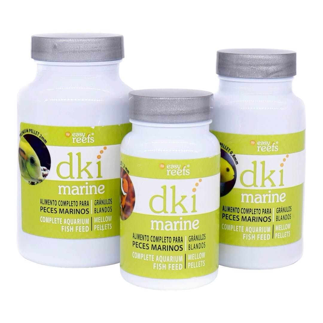 Easy Reefs DKI Marine Fish Food Pellets in three container sizes for complete saltwater fish nutrition.