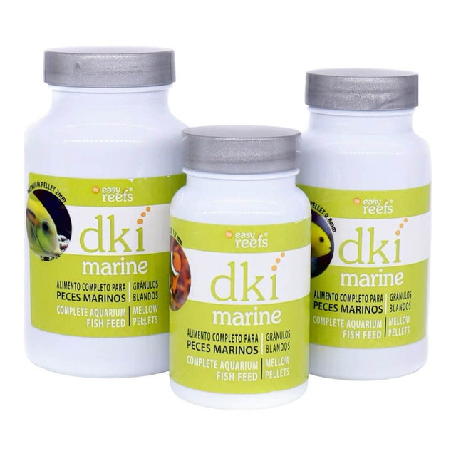 Easy Reefs DKI Marine Fish Food Pellets in three container sizes for complete saltwater fish nutrition.
