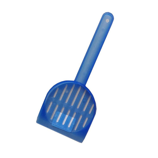 Blue ergonomic cat litter sifter for easy cleanup and litter conservation in cat litter boxes.
