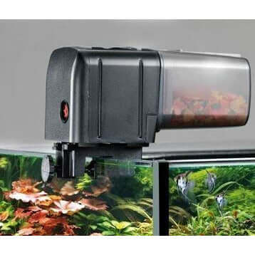 EHEIM Automatic Fish Feeder installed on an aquarium, ensuring reliable feeding for fish even when busy or away.