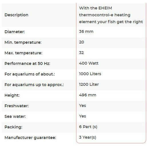 EHEIM Thermo Control Heater specifications including dimensions, temperature range, and performance details.