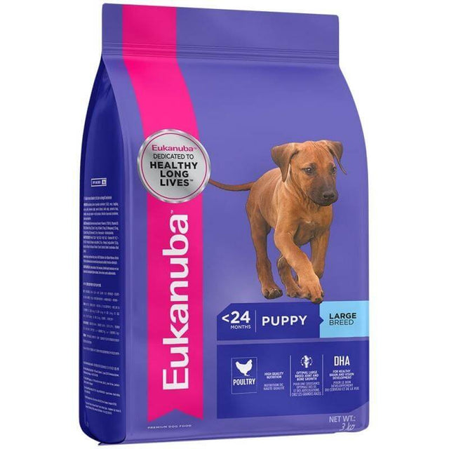 Eukanuba Large Breed Puppy Dog Food bag for puppies under 24 months, featuring a young dog on the packaging.