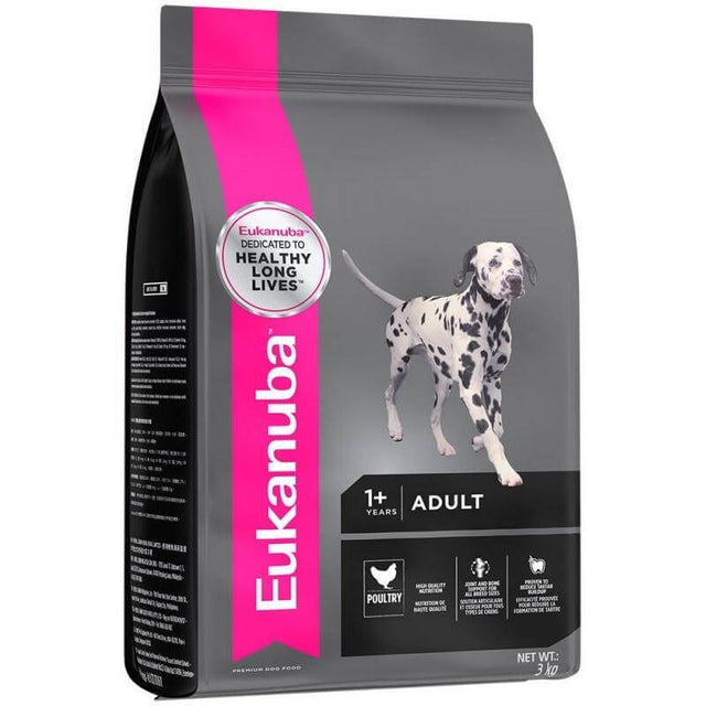 Eukanuba Medium Breed Adult Dog Food bag featuring a Dalmatian and highlighting nutritional benefits for dogs over 1 year old.