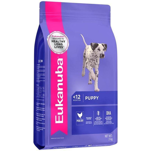 Eukanuba Medium Breed Puppy Dog Food bag, 3 kg, formulated for puppies under 12 months, featuring poultry and DHA for optimal health.