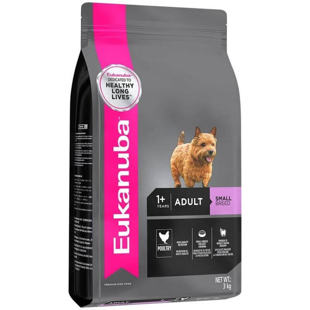 Eukanuba Small Breed Adult Dog Food bag, premium poultry formula for healthy, active dogs under 10kg, 3kg package.