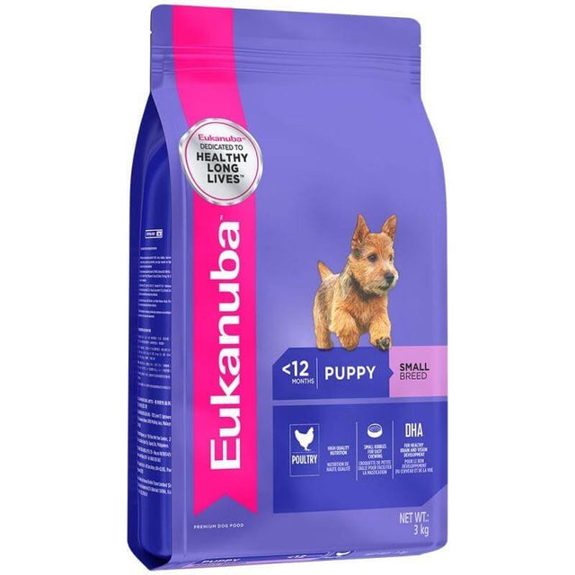 Eukanuba Small Breed Puppy Dog Food 3kg bag featuring a puppy, designed for healthy growth and development in small breed pups.