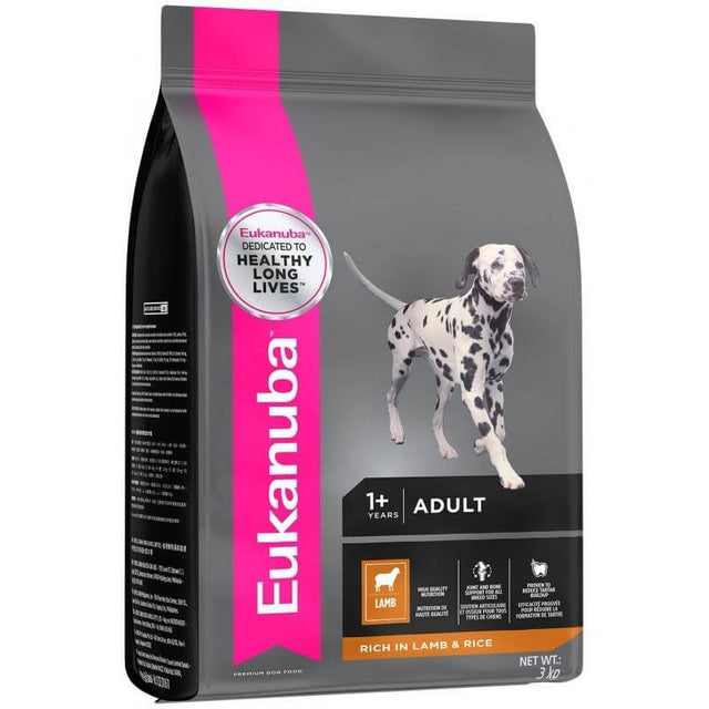 Eukanuba Small & Medium Adult Dog Food bag featuring lamb and rice for healthy digestion and skin. Ideal for dogs over 1 year.