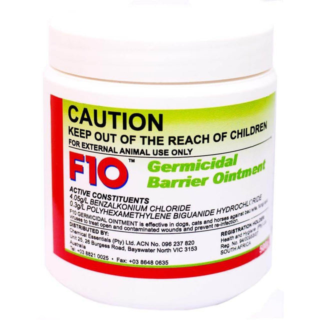 F10 Germicidal Barrier Ointment 100g container for treating bacterial, fungal, and viral skin infections in animals.