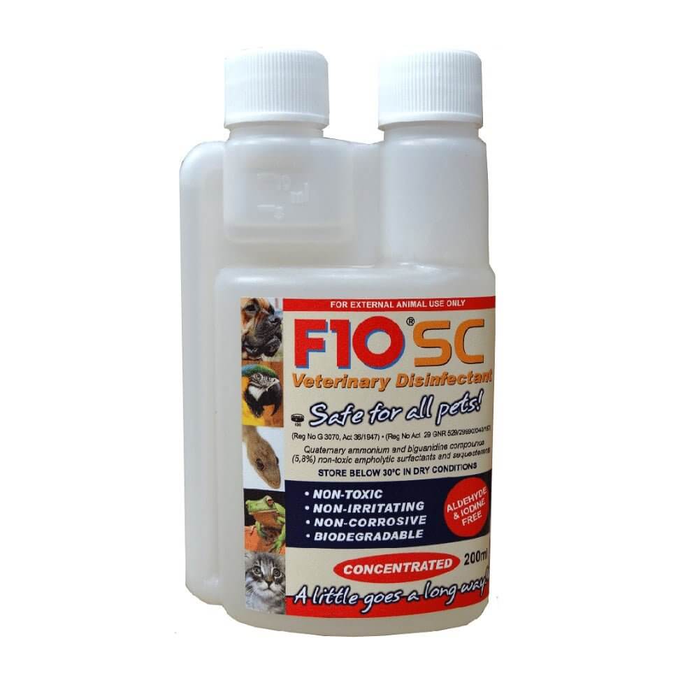 F10 SC Veterinary Disinfectant 200ml bottle, eco-friendly and safe for pets, non-toxic and biodegradable.