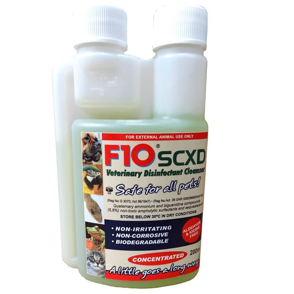 F10 SCXD Veterinary Disinfectant Cleaner 200ml bottle, safe for all pets, non-irritating and biodegradable.
