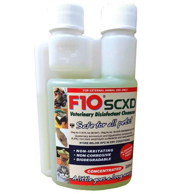 F10 SCXD Veterinary Disinfectant Cleaner 200ml bottle, safe for all pets, non-irritating and biodegradable.