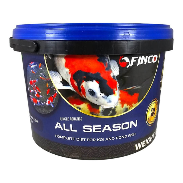 Finco All Season Koi Food bucket, complete diet for koi and pond fish, high-quality ingredients, promotes fish health.