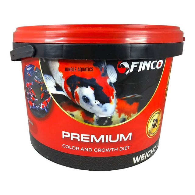 Finco Premium Color and Growth Koi Food bucket featuring vibrant koi fish and details on high-quality nutrition.