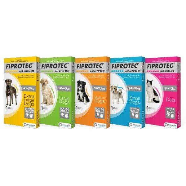 Fiprotec Tick and Flea Treatment boxes for different dog sizes and cats, featuring dosage information.