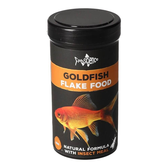 Fish Science Goldfish Flake Food container featuring natural formula with insect meal for vibrant aquatic life.