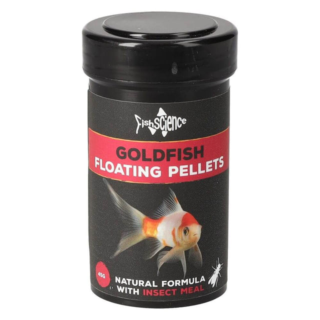 Fish Science Goldfish Floating Soft Pellets canister, 65g, natural formula with insect meal for goldfish nutrition.