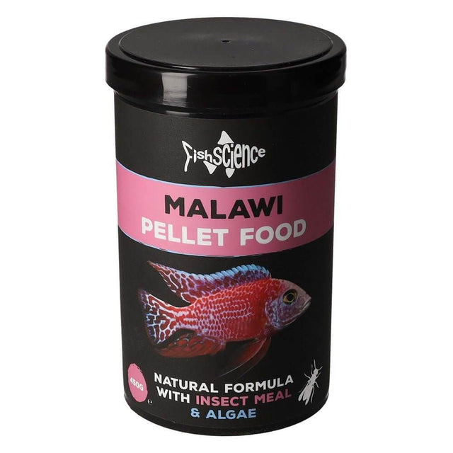 Fish Science Malawi Pellet Food container featuring natural formula with insect meal and algae for cichlids.
