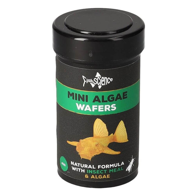 Fish Science Mini Algae Wafers container, suitable for small Plecostomus and algae-eating fish, featuring insect meal.