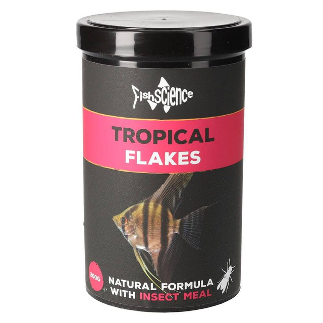 Fish Science Tropical Flakes canister featuring natural formula with insect meal for healthy aquarium fish.