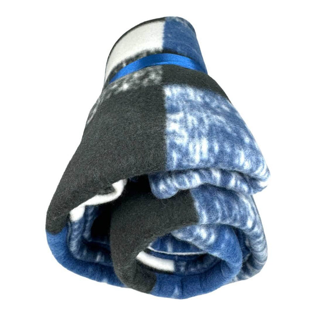 Rolled fleecy pet blanket in blue and gray, size 1m x 1.5m, perfect for pets with assorted designs.