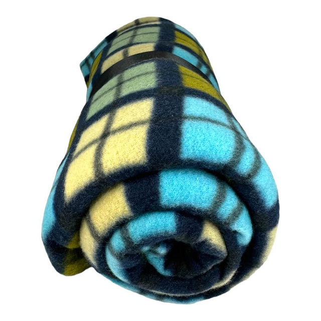 Rolled fleecy pet blanket in assorted colors, measuring 1m x 1.5m, featuring a stylish grid pattern.