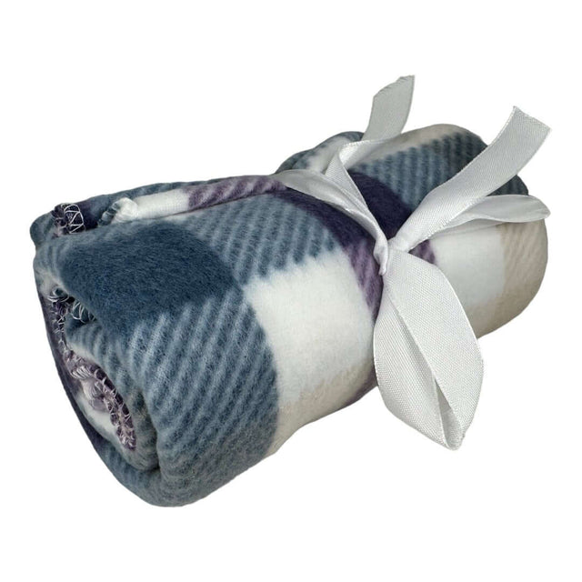 Cozy rolled fleecy pet blanket in blue and white plaid design, tied with a ribbon, 750 x 750mm size.