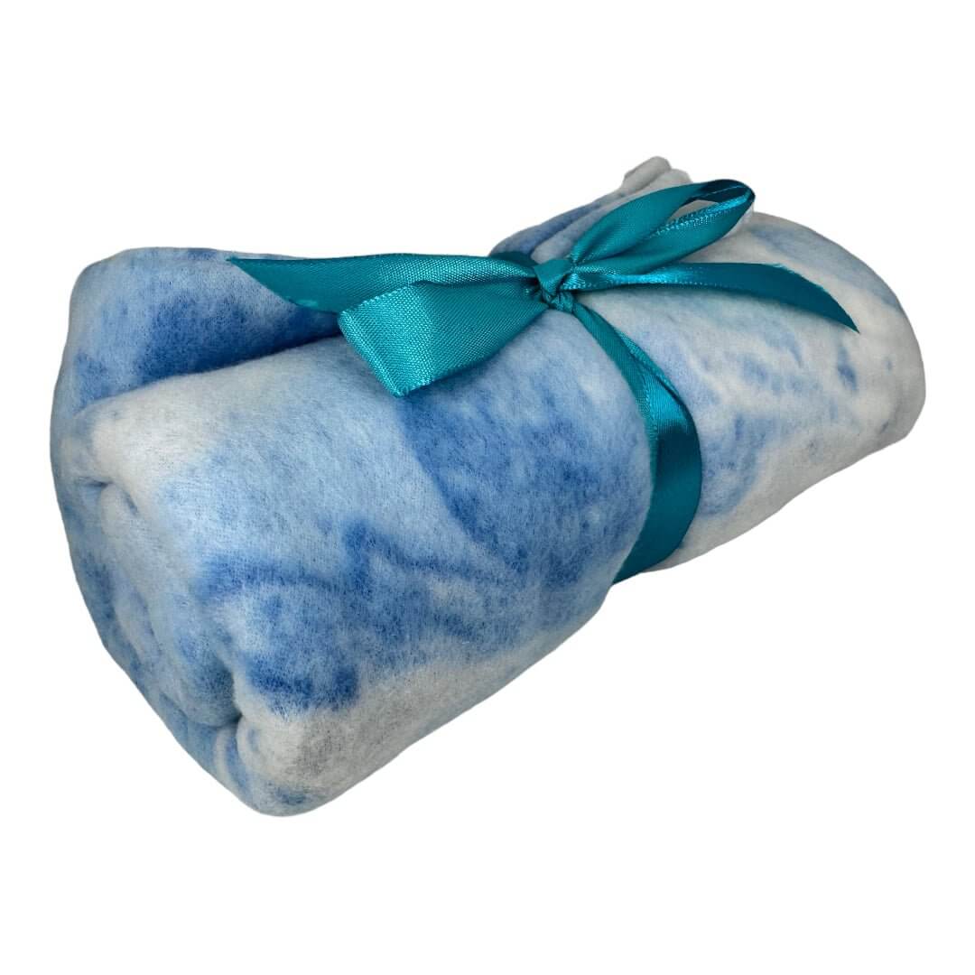 Rolled fleecy pet blanket in blue, tied with a teal ribbon, size 750 x 750mm, perfect for keeping pets cozy.