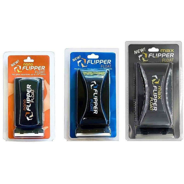 Flipper Float Aquarium Magnet Cleaners packaging, featuring Nano, Flipper, and Max versions for effective algae removal.