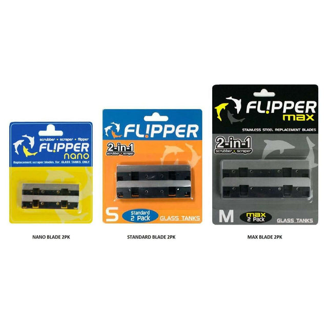 Flipper Float Replacement Blades packs, including Nano, Standard, and Max options for glass tank cleaning.