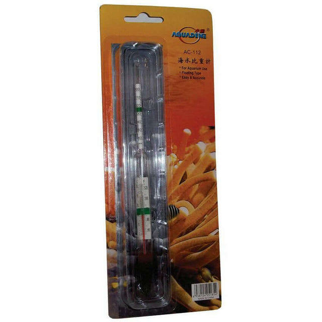 Floating aquarium glass hydrometer with thermometer in packaging, ideal for precise water measurement and temperature monitoring.