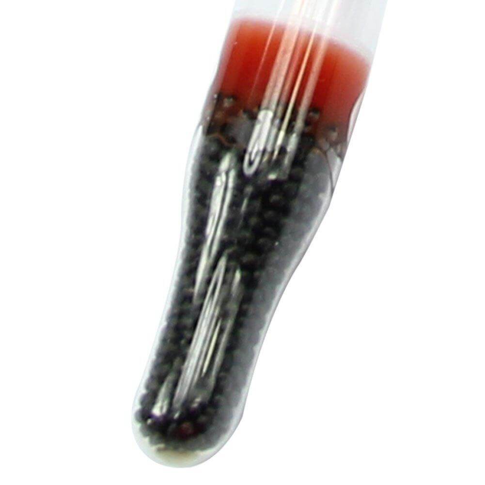 Close-up of Floating Aquarium Glass Hydrometer displaying colored liquid and black beads for accurate water measurement.
