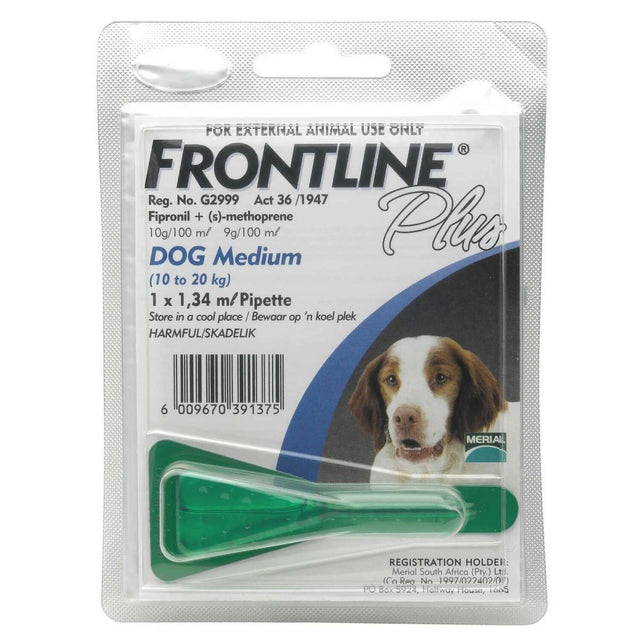 Frontline Plus for dogs package showing topical flea and tick prevention for medium dogs weighing 10 to 20 kg.