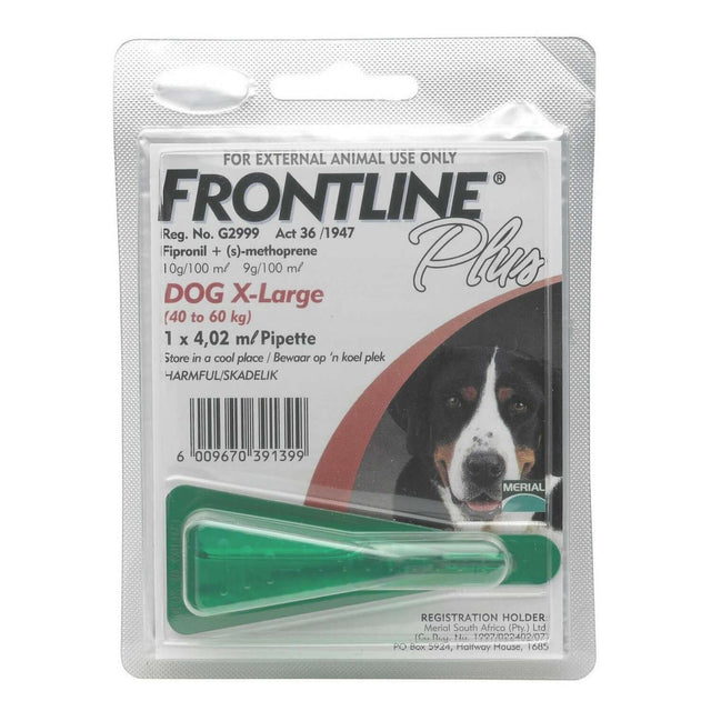 Frontline Plus for Dogs X-Large packaging, flea and tick prevention treatment with pipette for dogs 40-60 kg.