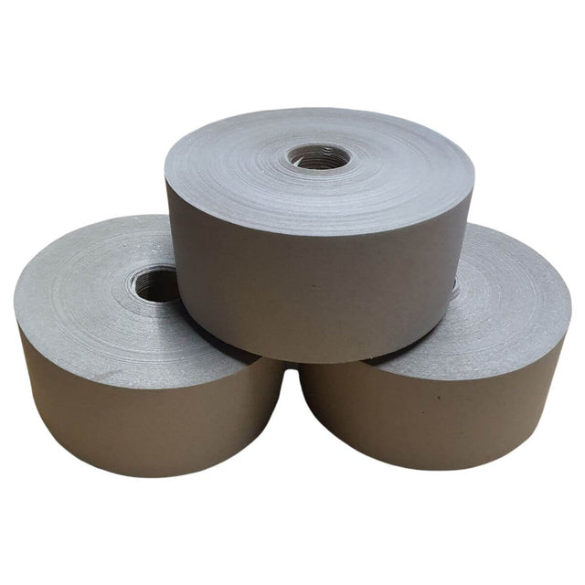 GoGreen water activated gum tape rolls stacked together, made of recyclable kraft paper, measuring 72mm x 135 meters.