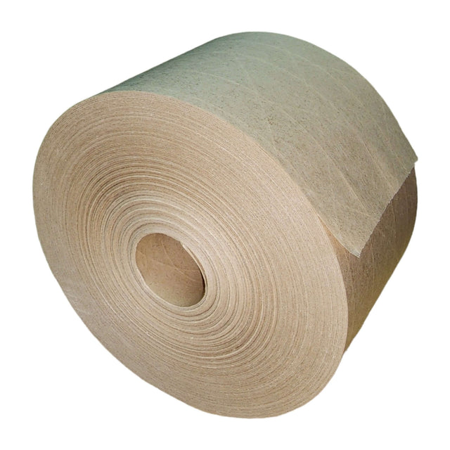 GoGreen water activated gum tape roll made of reinforced threaded kraft paper, 72mm x 80 meters. Eco-friendly and recyclable.