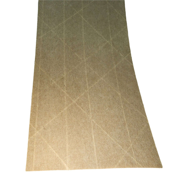 Close-up of GoGreen water activated gum tape showing reinforced kraft paper and threaded texture for strong adhesion.