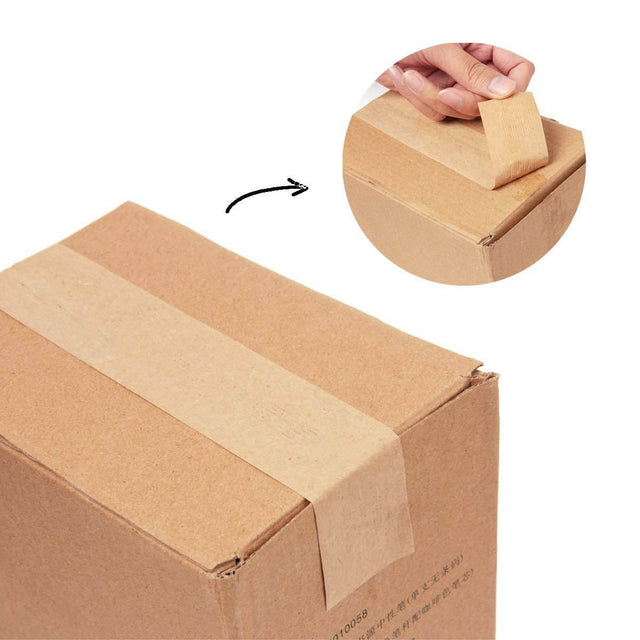 Hand applying GoGreen water-activated gum tape on a cardboard box for secure sealing and tamper-proof protection.