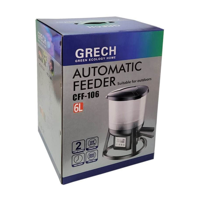 Grech Automatic Pond Feeder CFF-106 6L packaging highlighting its outdoor suitability and features.