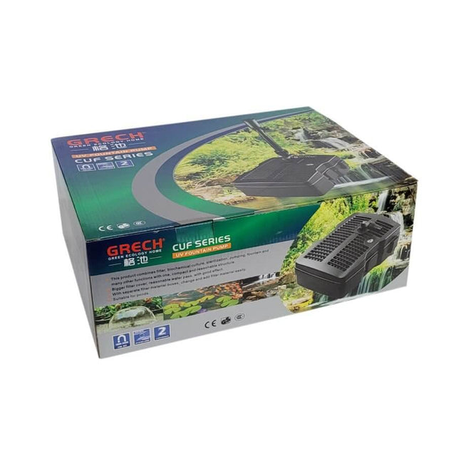 Grech CUF Pond Series Internal Fountain and Pond Filter UV light packaging, showcasing pond filtration features.