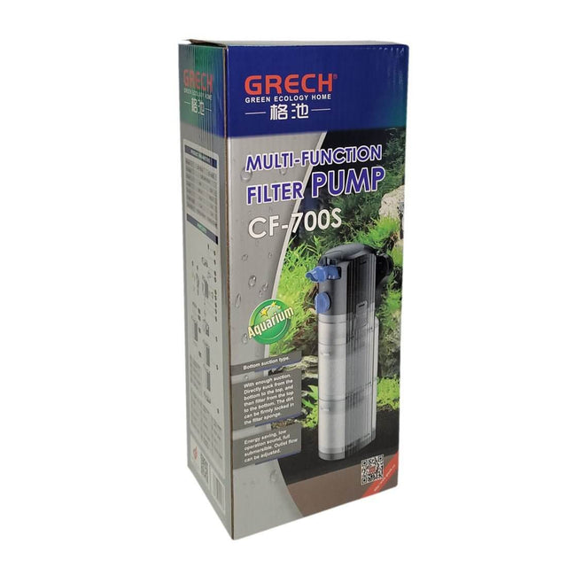Grech CF-700S multi-function aquarium filter pump packaging with clear design and features displayed.