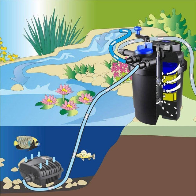 Grech Pond Bio Pressure Filter with UV Light in a garden pond setting, illustrating water flow and filtration system setup.