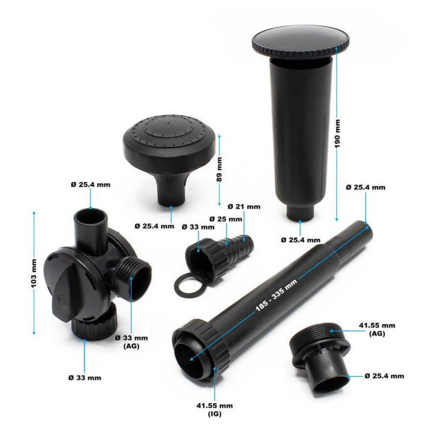 Grech CUF Pond Filter assembly parts with dimensions for easy installation and maintenance in pond systems.