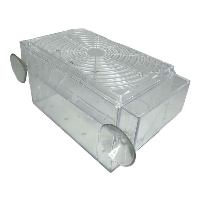 Clear Guppy Floating Breeding Trap with suction cups for secure attachment and ventilation for small fish breeding.