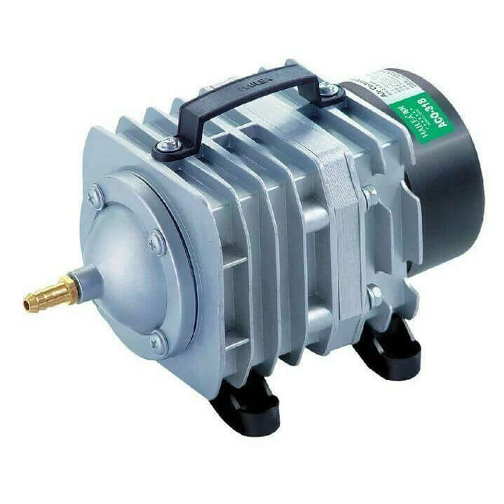 Hailea electromagnetic air compressor pump with aluminum alloy casing for aquariums and aquaponics oxygen supply.
