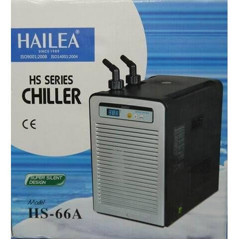 Hailea HS Series Chiller HS-66A featuring digital display and dual outlets, designed for quiet aquarium water temperature control.