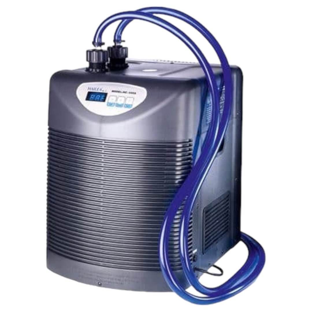 Hailea HS Series Aquarium Chiller with digital control panel and tubing for efficient water cooling in aquariums.