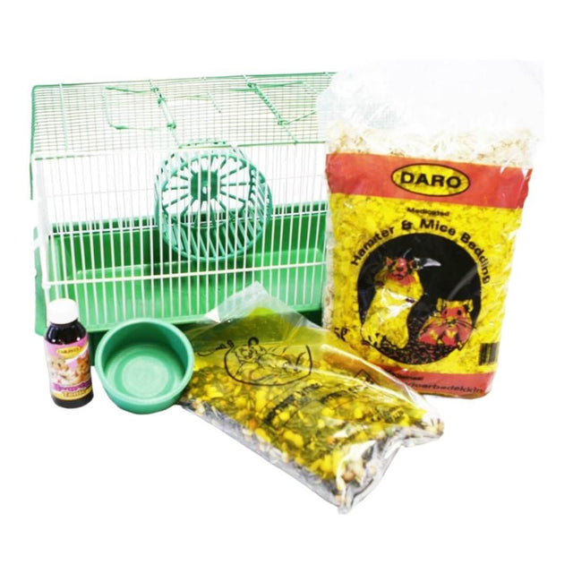 Hamster Basic Starter Kit with cage, bedding, food bowl, tonic, and exercise wheel for a happy pet hamster.
