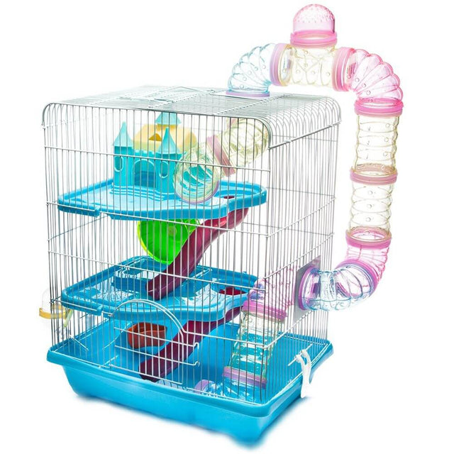 Hamster Cage Castle Series Blue - YDA307 with multiple levels, tunnel, wheel, and accessories, 35x26x46cm size.